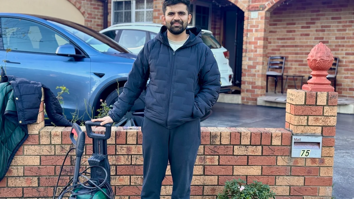 Shashank with a pressure washer rented through CoHire for a weekend cleaning job